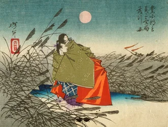 Narihira und Nijo no Tsubone am Fuji-Fluss